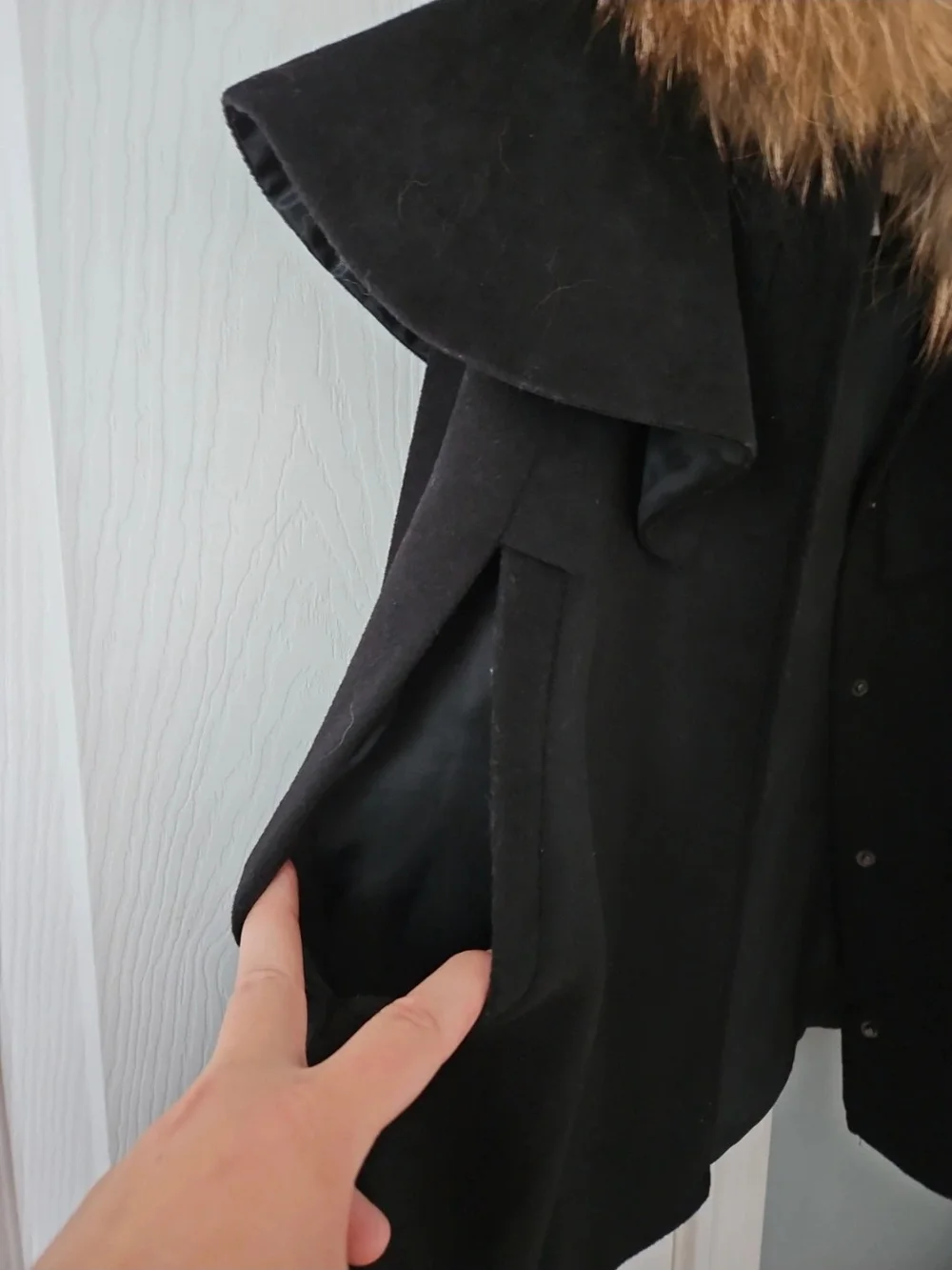 Kids Black Wool Cape with Real Fur Collar